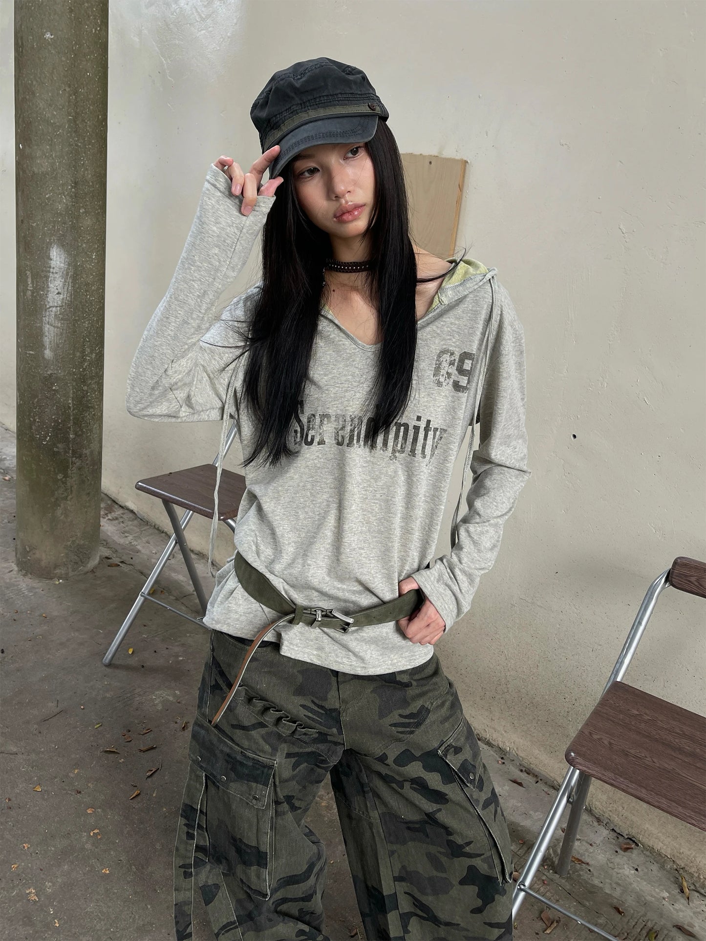 Schickes Dollette Vintage Grafik-Top Langarm Japanisches T-Shirt mit Kapuze Streetwear Amerikanisches Retro Grunge Top E-Girls