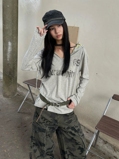 Schickes Dollette Vintage Grafik-Top Langarm Japanisches T-Shirt mit Kapuze Streetwear Amerikanisches Retro Grunge Top E-Girls