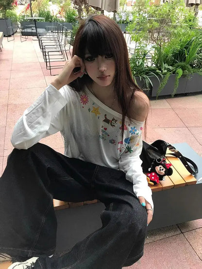 Chic Dollette Hotsweet Langarm-Grafik-T-Shirts Lockerer Schrägkragen Lässiges Oberteil 2000er Kleidung Koreanisches Fashion-Oberteil