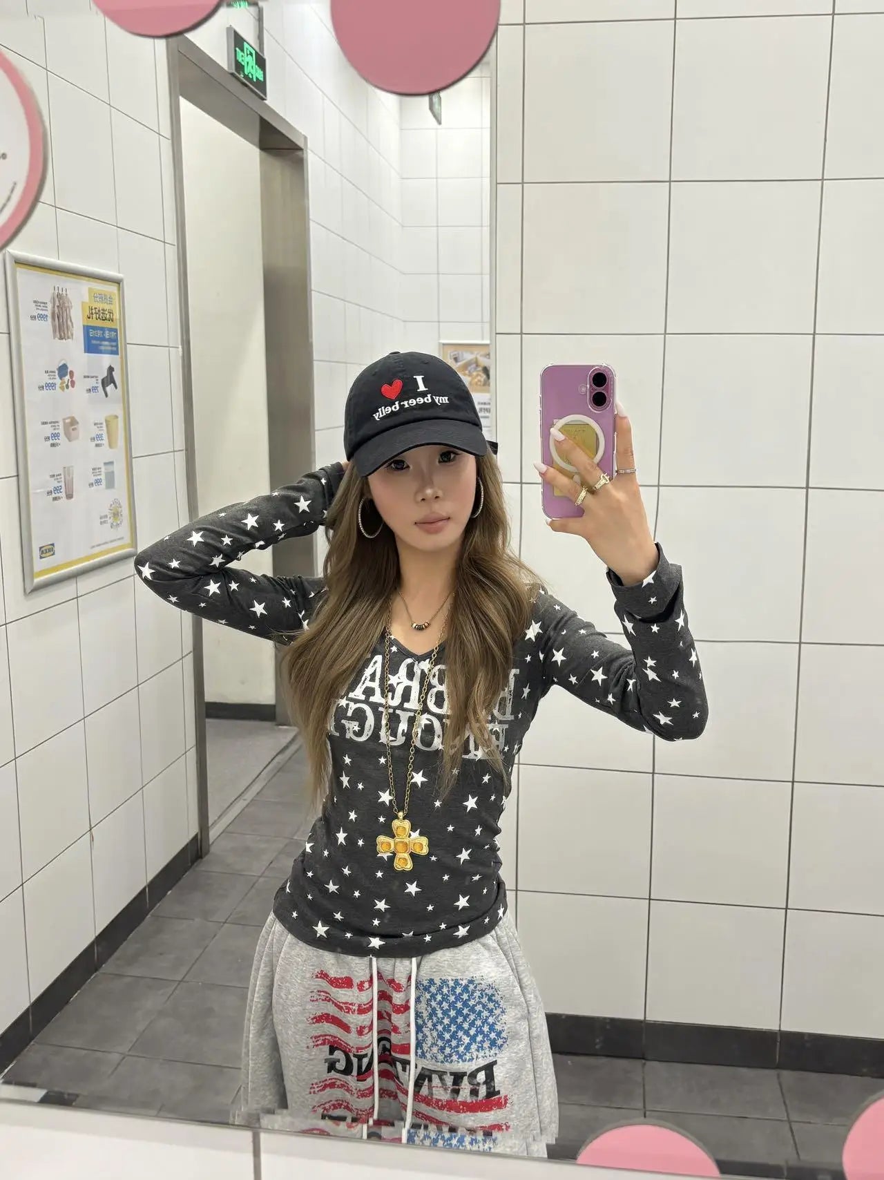 Chic Dollette Hotsweet Grafik-T-Shirts mit Sternenprint, schmal geschnitten, Langarm, 2000er Kleidung, Rundhalsausschnitt, Herbsttop, koreanische Mode-Tees