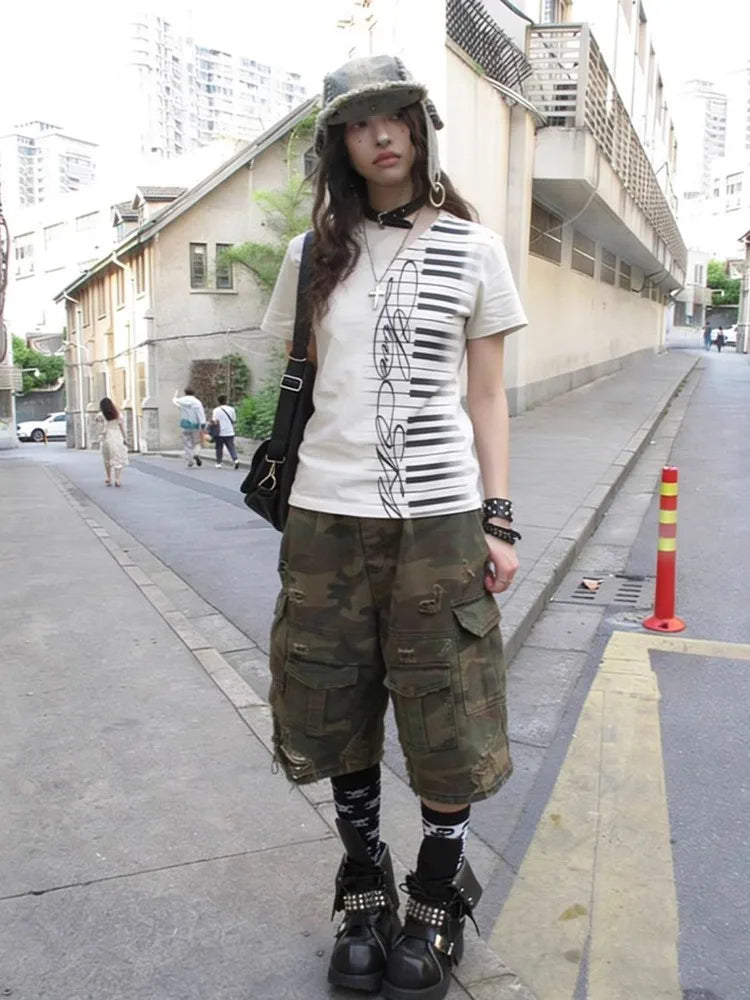 Chic Dollette V Neck Short Sleeve Spring Summer Fashion Slim Printed Grunge Gothic Tops Female Y2k Harajuku Casual