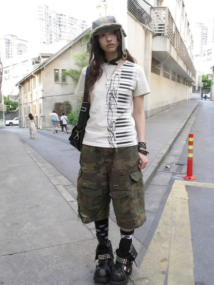 Chic Dollette V Neck Short Sleeve Spring Summer Fashion Slim Printed Grunge Gothic Tops Female Y2k Harajuku Casual