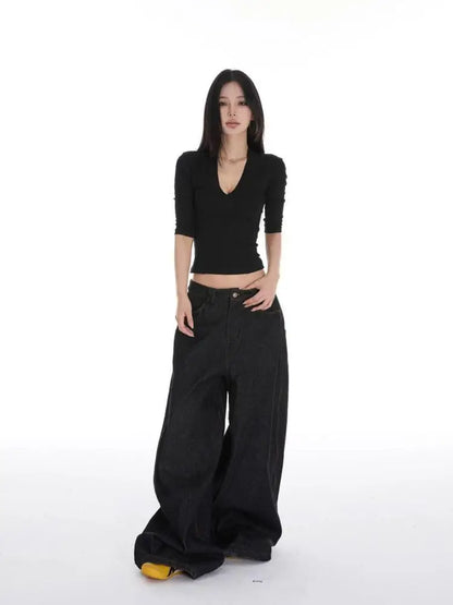 Chic Dollette Unifarbenes Sommer-Oberteil mit V-Ausschnitt, schmal geschnittenes T-Shirt, Kurzarm, koreanische Mode, Damenbekleidung, Skinny, 2000er Kleidung