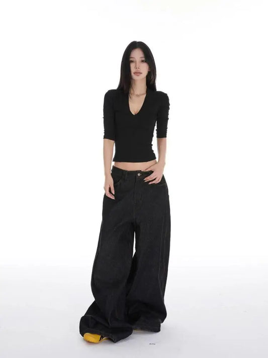 Haut d'été chic Dollette uni col V coupe ajustée T-shirt à manches courtes mode coréenne Tee-shirts Vêtements féminins moulants Style années 2000
