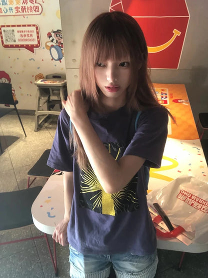 Chic Dollette Japanese Print Graphic Tops Short Sleeve American Retro Vintage Tops Washed Casual T Shirts 2000s Aesthetic Summer