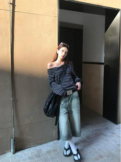 Schickes Dollette Gestreiftes Lockeres T-Shirt Kleidung Langarm Koreanische Mode Streetwear 2000er Kleidung Herbst Top T-Shirts Damen Chic