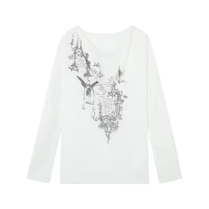 Chic Dollette Korean Fashion Grafik-T-Shirts Leicht Transparentes T-Shirt Kleidung Langarm Lockeres T-Shirt Streetwear Frühlings-Top
