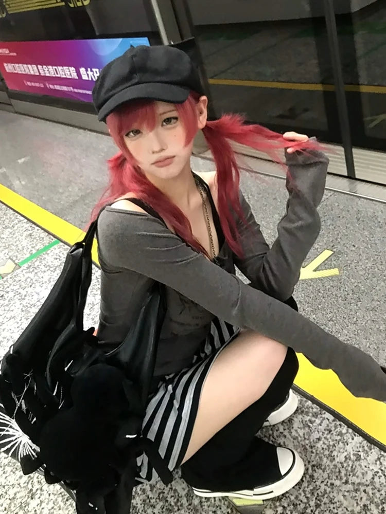 Schickes Dollette Fairycore T-Shirt Langarm Fake Two Pieces Top Japanischer 2000er Print Graphic Top Streetwear Crop Top