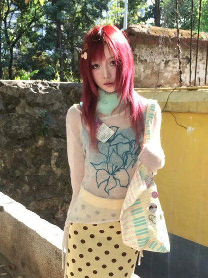 Chic Dollette Harajuku Print Graphic Tops See Through Y2k Aesthetic T-shirt Women Japanese 2000s Fairycore Tee Top Korean Style Tops
