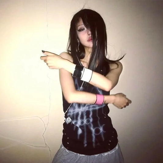 Débardeur Chic Dollette Imprimé Gothique Noir Cassé Vintage Grunge Top Streetwear Années 2000 T-shirt Japonais Sans Manches