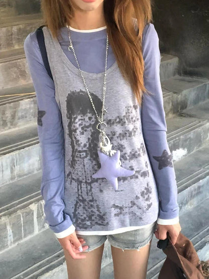Chic Dollette Two Piece Sets Patchwork Star Printing Long Sleeve T-Shirt + Vintage Cartoon Sleeveless Vest Female Grunge Suit