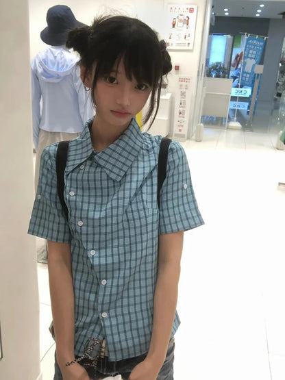 Chic Dollette  Japanese Plaid Shirt Women Short Sleeve Irregular Blouse And Shirt Korean Style Vintage Shirts 2000s Aesthetic