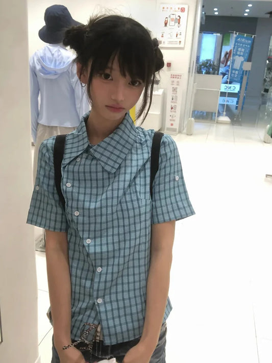 Chic Dollette  Japanese Plaid Shirt Women Short Sleeve Irregular Blouse And Shirt Korean Style Vintage Shirts 2000s Aesthetic