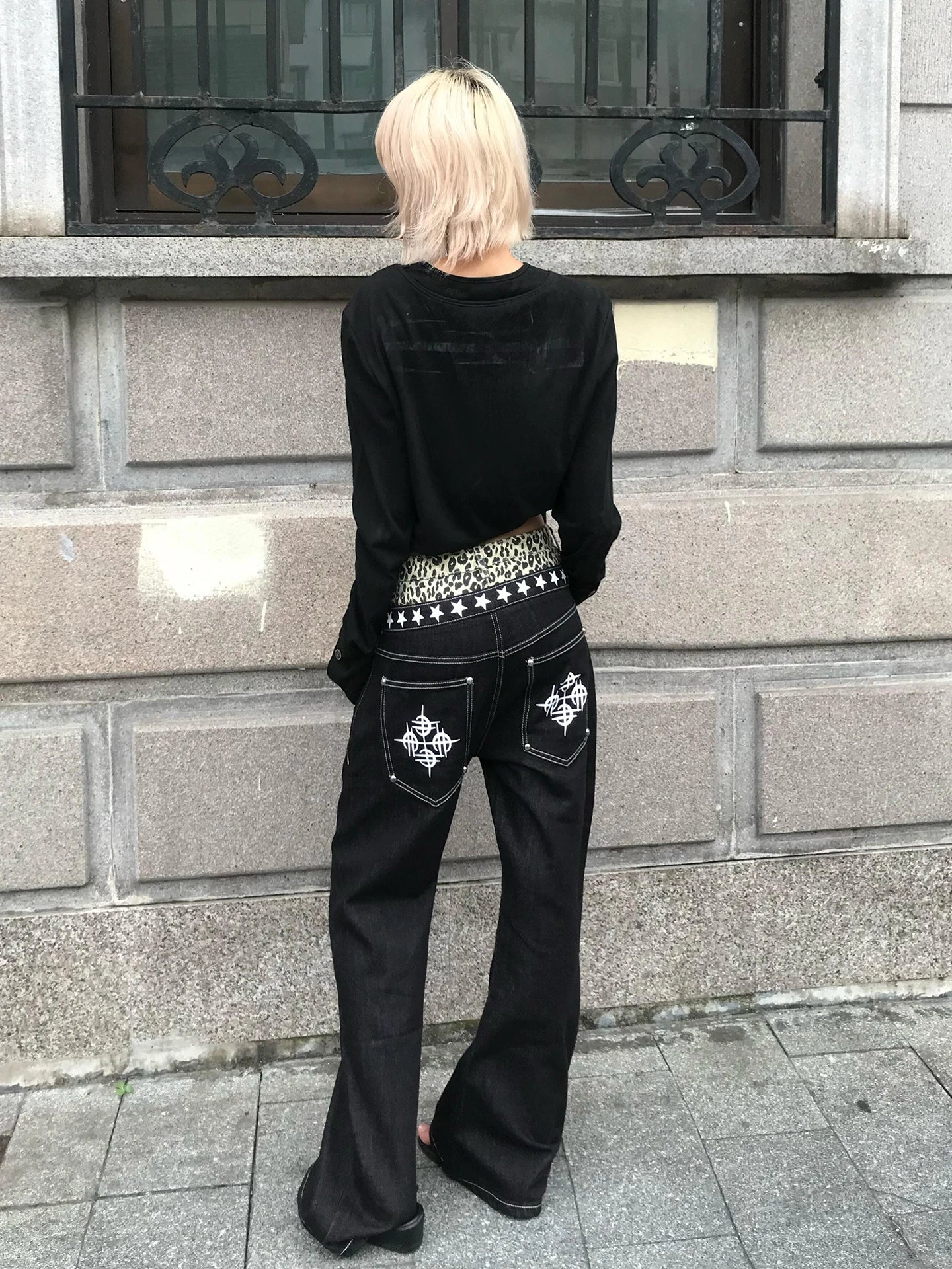Chic Dollette Gothic Vintage T-Shirt Langarm Button Retro Schwarz Grunge Top Streetwear 2000er Print T-Shirts Herbst
