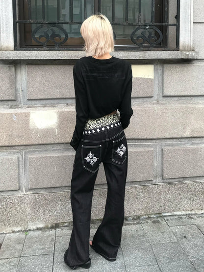 Chic Dollette Gothic Vintage T-Shirt Langarm Button Retro Schwarz Grunge Top Streetwear 2000er Print T-Shirts Herbst
