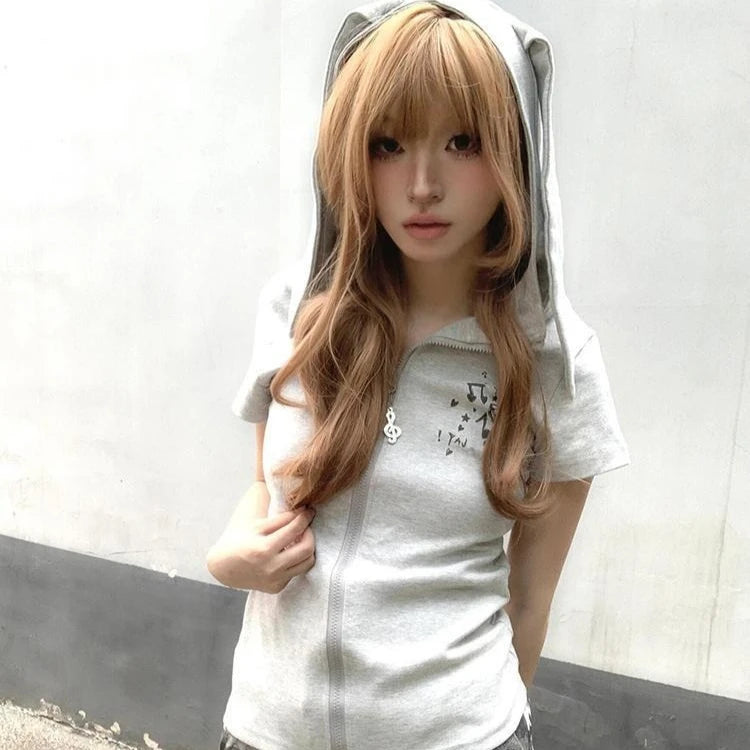 Chic Dollette Preppy Style Gray Printing Casual Cute Rabbit's Ears Hoodie Summer Grunge Zipper Sweatshirts Women Y2k Aesthetic Slim Fit Hoody