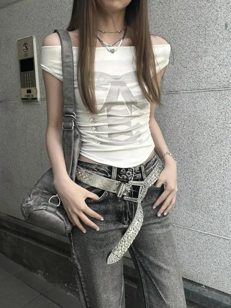 Schickes Dollette Gothic Sommer Top Crop Top Kurzarm T-Shirt Kleidung Slim Off Shoulder Schickes Print T-Shirt Femme T-Shirts
