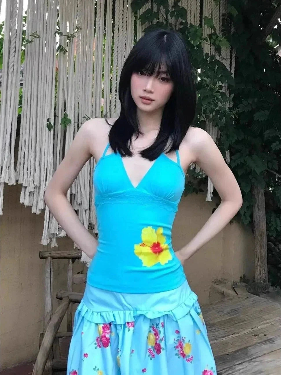 Chic Dollette Floral Print Halter Top Women Casual  Beaded Straps Lace Trim Slim Fit Tees Japnese Harajuku Streetwear 2026 Summer