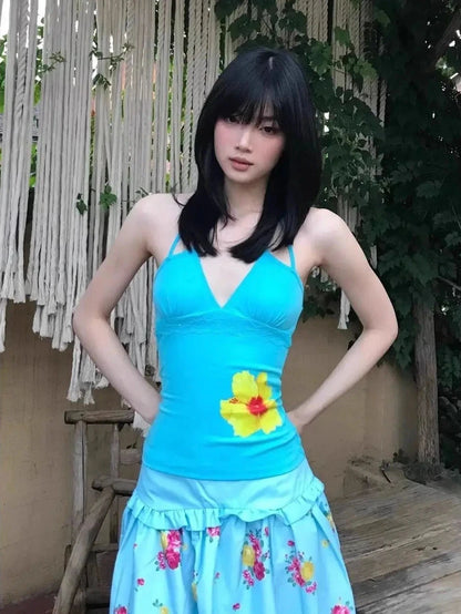 Chic Dollette Floral Print Halter Top Women Casual  Beaded Straps Lace Trim Slim Fit Tees Japnese Harajuku Streetwear 2026 Summer