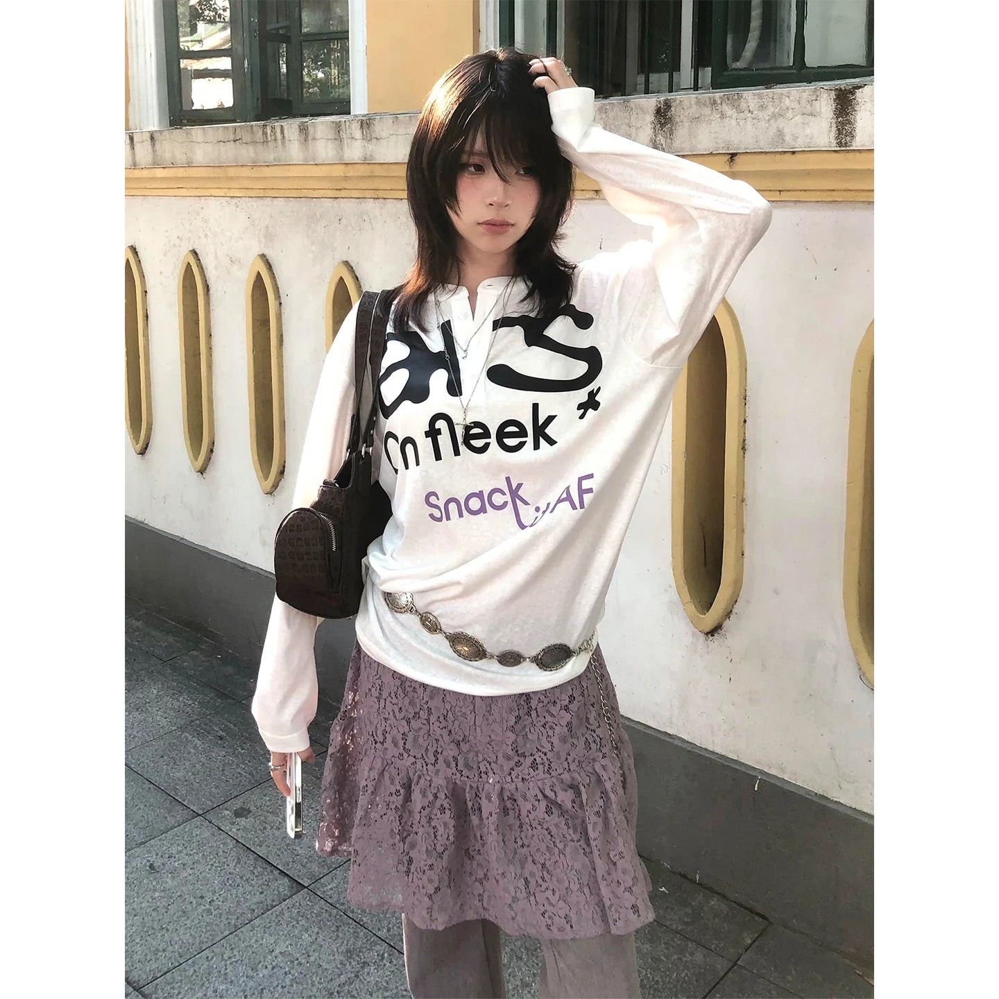 Schickes Dollette Harajuku Print T-Shirt Langarm Lässiges Oberteil Vintage Grunge Top Japanische 2000er Streetwear T-Shirts