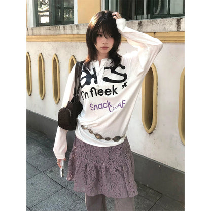 Schickes Dollette Harajuku Print T-Shirt Langarm Lässiges Oberteil Vintage Grunge Top Japanische 2000er Streetwear T-Shirts