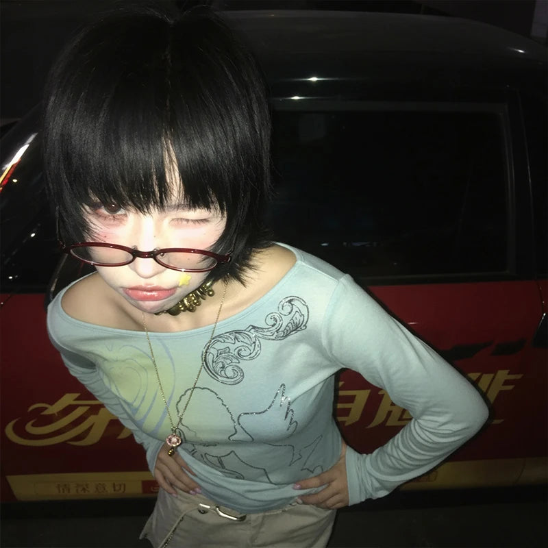 Chic Dollette T-shirt Manches Longues Tie Dye Imprimé Graphique Haut Grunge Japonais Années 2000 Haut Fairycore T-shirts E-girls