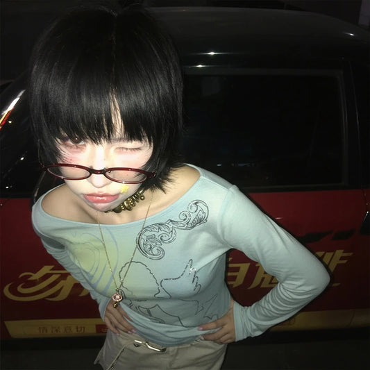 Chic Dollette T-shirt Manches Longues Tie Dye Imprimé Graphique Haut Grunge Japonais Années 2000 Haut Fairycore T-shirts E-girls