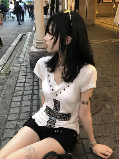 Schickes Dollette Halskreuz Damen T-Shirt Kurzarm Goth Sommer Top 2000er Kleidung Grafik T-Shirt Damen Kleidung Streetwear