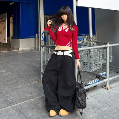 Chic Dollette Casual Fashion T-Shirts Woman Letter Print Zip V-Neck Full Sleeve Navel Exposed Daily Street Sporty Style Classic Tops