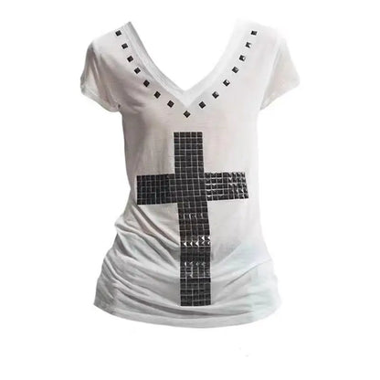 Schickes Dollette Halskreuz Damen T-Shirt Kurzarm Goth Sommer Top 2000er Kleidung Grafik T-Shirt Damen Kleidung Streetwear