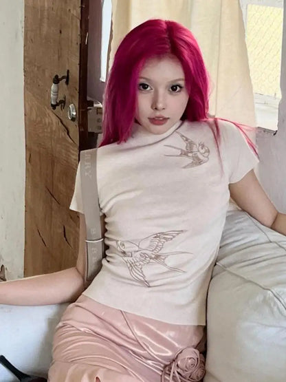 Chic Dollette Chinesischer Stil Grafik T-Shirts Rollkragen Kurzarm Slim 2025 Sommer Top T-Shirts Damen Kleidung 2000er Kleidung