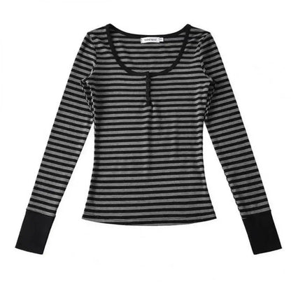 Chic Dollette Lässiges gestreiftes Damen T-Shirt Langarm Koreanische Mode 2000er Kleidung T-Shirts Damenbekleidung Herbst Top T-Shirt