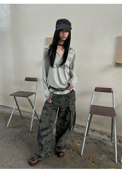 Schickes Dollette Vintage Grafik-Top Langarm Japanisches T-Shirt mit Kapuze Streetwear Amerikanisches Retro Grunge Top E-Girls