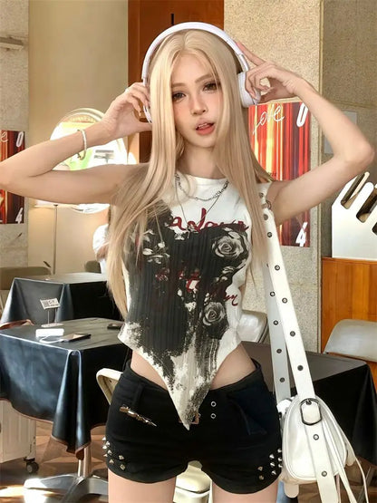 Chic Dollette Hotsweet Top Grafik Tank Top Goth Ärmellos Skinny Damenbekleidung 2000er Kleidung Koreanische Mode Sommer T-Shirts