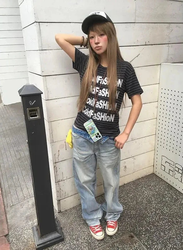 Chic Dollette Vintage T Shirts Women Short Sleeve Striped Printed Skim Grunge Gothic Y2k Aesthetic Harajuku Tops Ladies Fashion