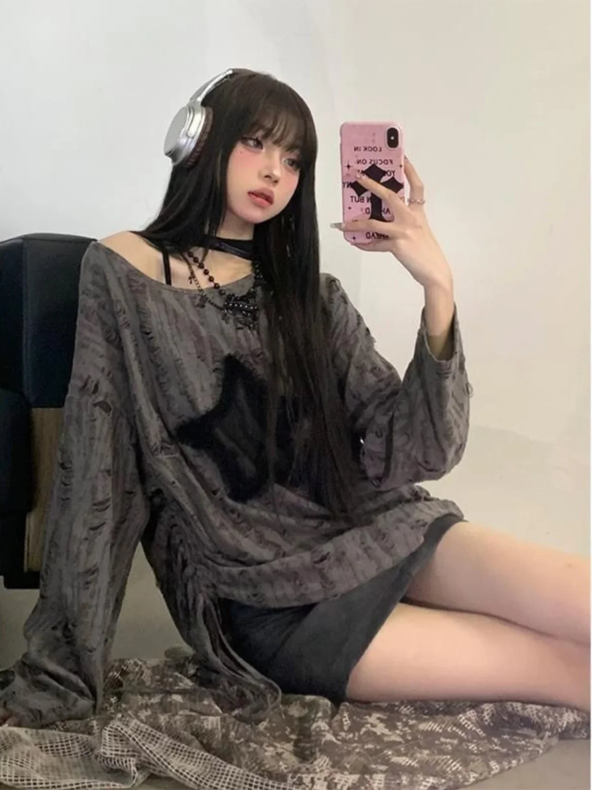 Schickes Dollette Hole Star Weites T-Shirt O-Ausschnitt Kordelzug Cut-Out T-Shirt Mode Streetwear Kpop Pullover Oberteil Damen T-Shirts 2025