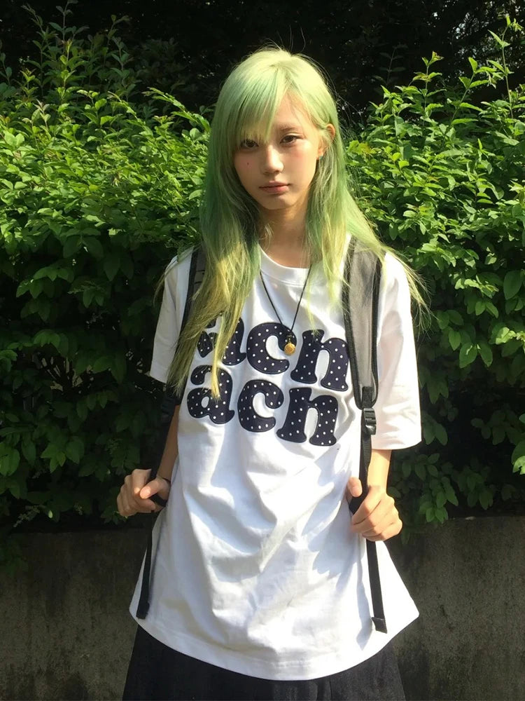 Chic Dollette Y2k Retro Polka Dot Embroidered T Shirt Women Short Sleeve Vintage Tops Japanese 2000s Casual Loose Tshirts Streetwear
