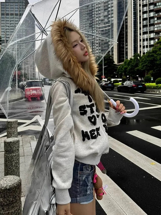 Chic Dollette Coréen Mode Sweat-shirts Harajuku Gothique Imprimé Manteaux Vestes Sous-culture Vintage Fausse Fourrure Capuche Décontracté Vêtements