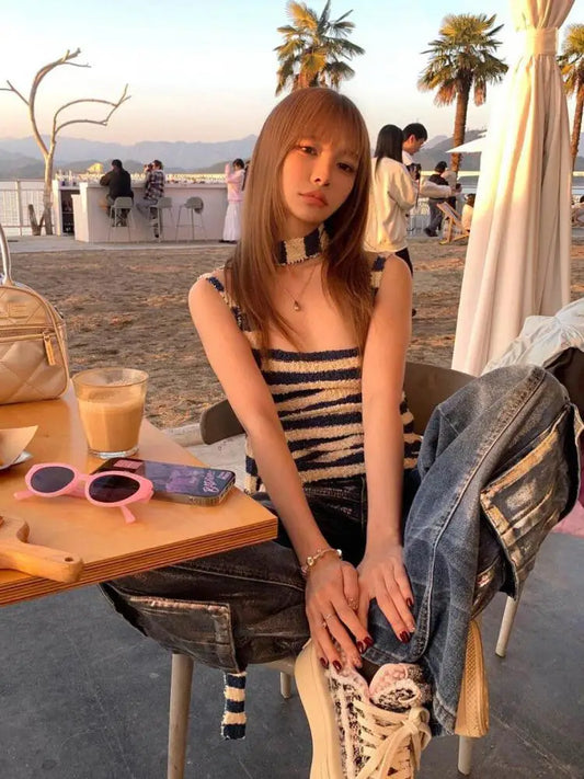 Débardeur sans manches rayé Chic Dollette Harajuku, tricoté, mode coréenne streetwear, avec cravate, haut d'été, haut licou