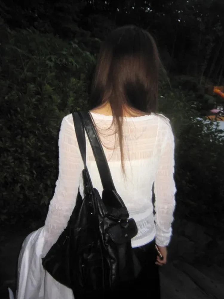 Chic Dollette Vintage Mash Top Durchsichtiges bauchfreies Streetwear Slim Lace White T-Shirt E-Girls Japanese Aesthetic
