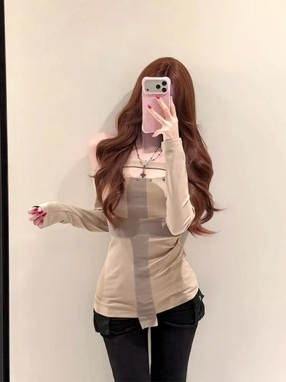 Chic Dollette Patchwork Kreuz Grafik T-Shirts Kleidung Langarm 2000er Kleidung Hollow Out Tees Female Frühling Top Herbst