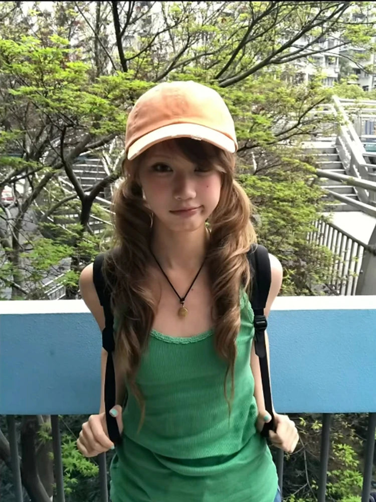 Chic Dollette American Retro Tank Tops Women Lace Green Sleeveless Vintage Tops Y2k Aesthetic Camis Japanese 2000s Streetwear Tanks