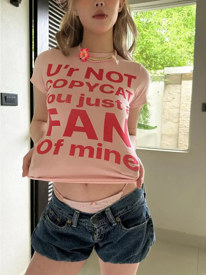 Chic Dollette Grafik-T-Shirts Kurzarm Slim O-Neck Weiche Baumwolle Print-Buchstaben-T-Shirts Damenbekleidung 2000er Kleidung T-Shirt Chic