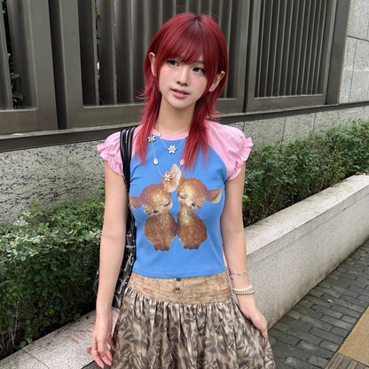Chic Dollette Japanese Deer 2000s Short Sleeve Top
