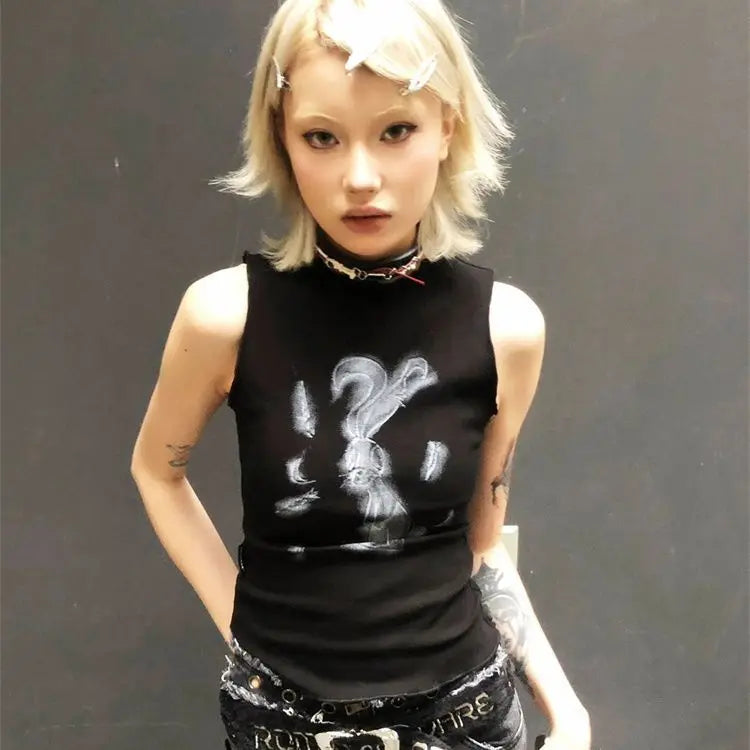 Chic Dollette Hotsweet Tanktop mit Hasenprint Ärmelloses 2000er Jahre Outfit Skinny Gothic Damenbekleidung Koreanische Mode Sommer Weste