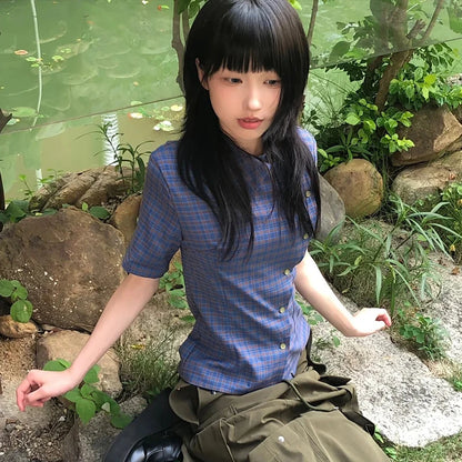 Chic Dollette Chemise Vintage Manches Courtes Irrégulière Décontractée à Carreaux Années 2000 Japonaise Été T-shirt E-girls Streetwear
