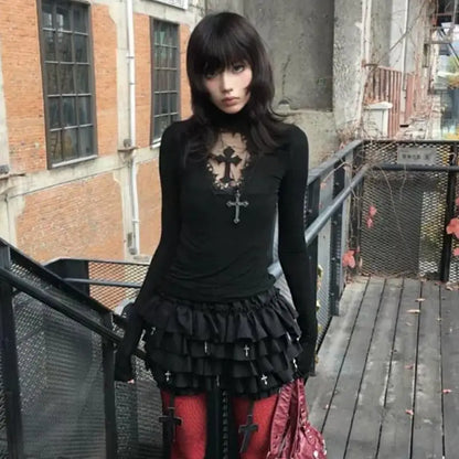 Chic Dollette Gothic T-Shirt mit Cut-Outs, Patchwork, Vintage-Cropped-Top, Streetwear, Amerikanisches Retro Grunge Top T-Shirt