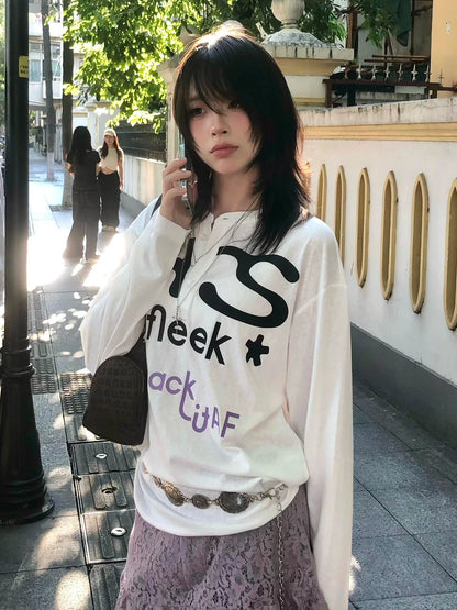 Schickes Dollette Harajuku Print T-Shirt Langarm Lässiges Oberteil Vintage Grunge Top Japanische 2000er Streetwear T-Shirts