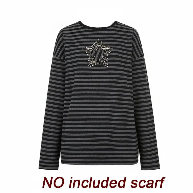 Chic Dollette Gothic Vintage Print Top Langarm Gestreiftes T-Shirt Japanisches Star Tee Top 2000er Grunge T-Shirts