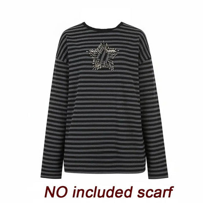 Chic Dollette Gothic Vintage Print Top Langarm Gestreiftes T-Shirt Japanisches Star Tee Top 2000er Grunge T-Shirts